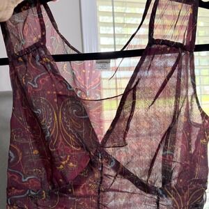 Y2k Burgundy Paisley gold Striped Boho Peplum Blouse M babydoll sheer whimsy *